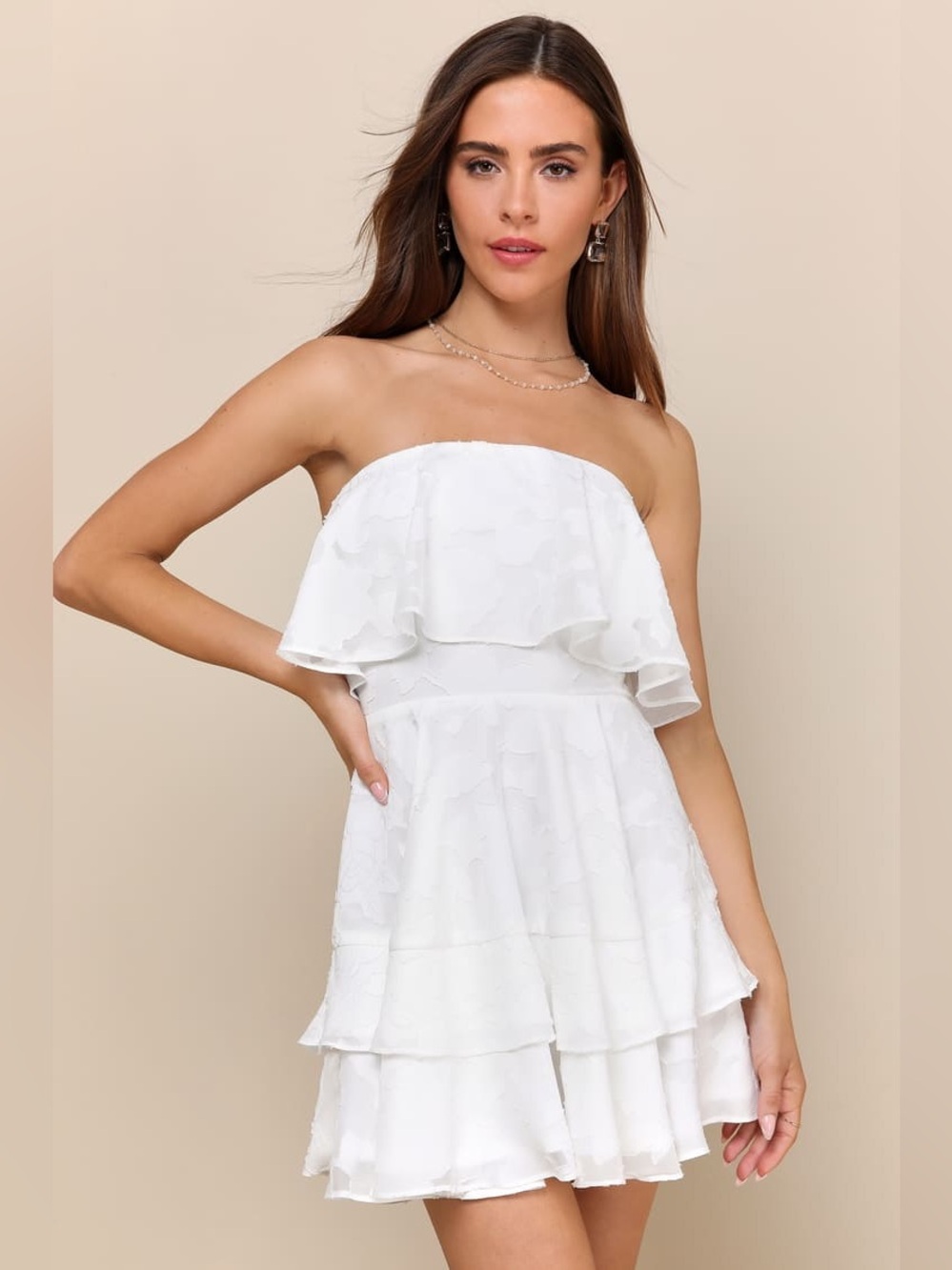 Lulu’s True Lover White Burnout Floral Ruffled Strapless Mini Dress